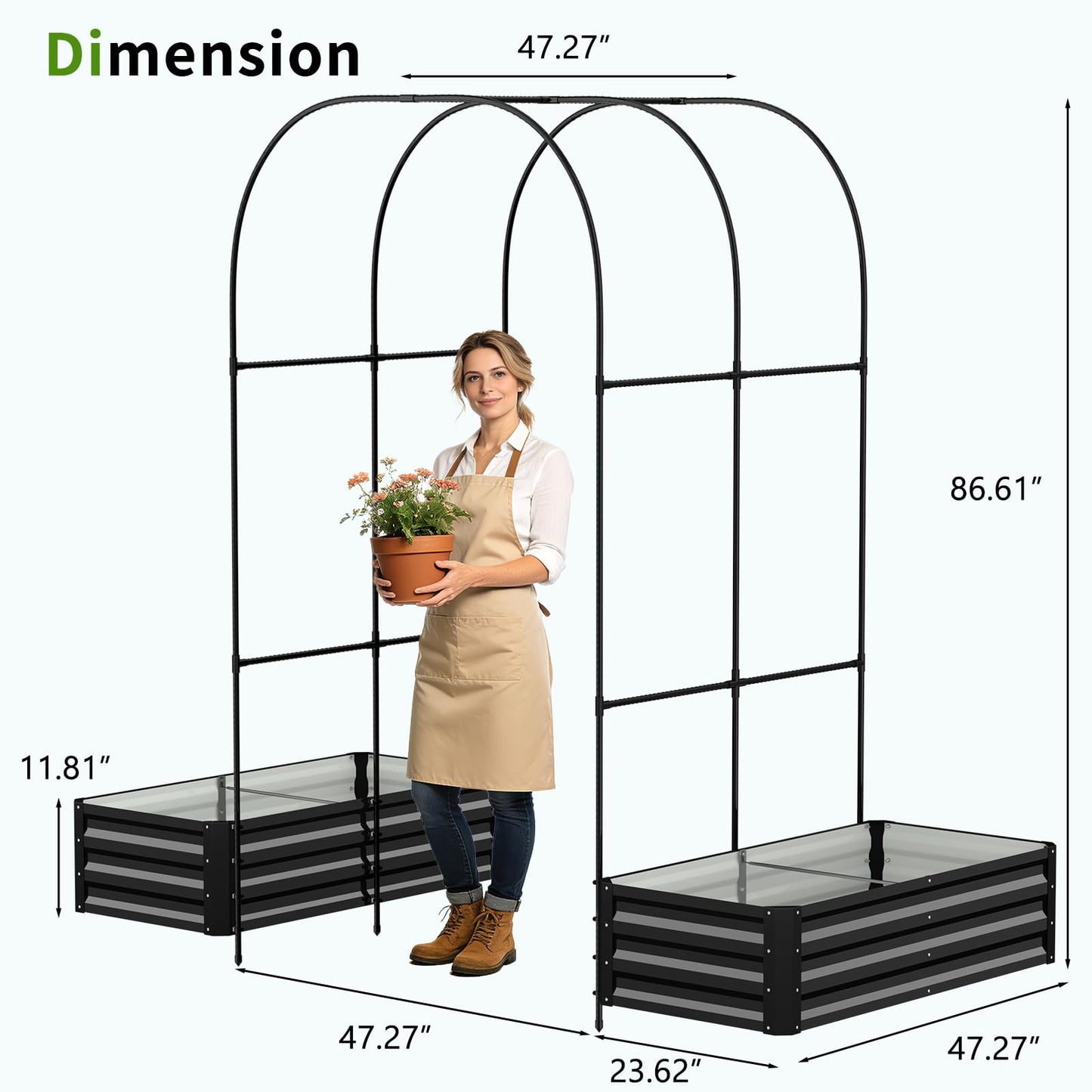 DoCred 3 in 1 Galvanized Raised Garden Bed, 2Pcs Garden Planter Box with 87" H Trellis for Climbing Plants, Outdoor Gardening Raised Beds with Climbing Net for Fruits, Vegetables, Flower (Black)