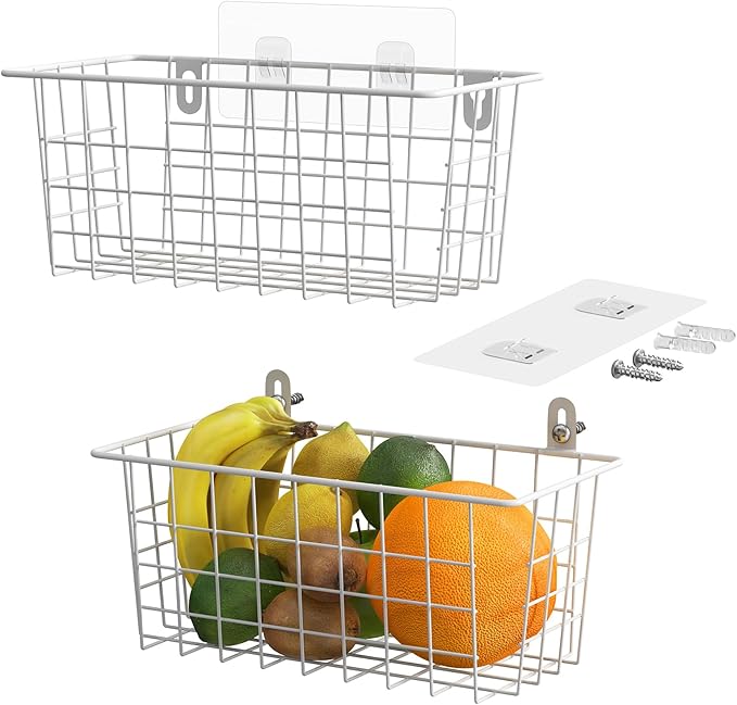 MaraFansie Hanging Kitchen Baskets Wire Storage Basket Adhesive and Screws
