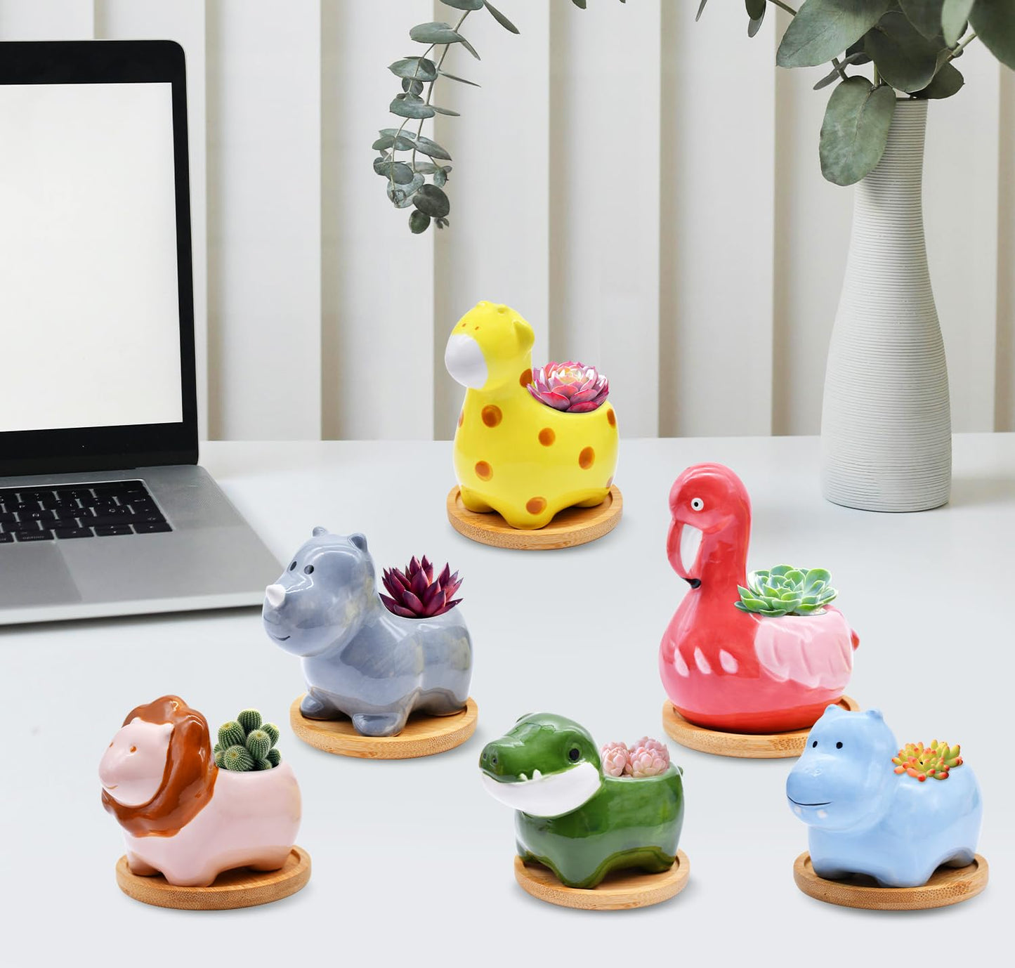 6 Pack Animal Ceramic Succulent Pots with Drainage – Mini Jungle Planters with Bamboo Trays for Indoor Plants & Cactus, Cute Flower Pots for Desk, Office, Home Decor, Gift for Kids & Plant Lovers