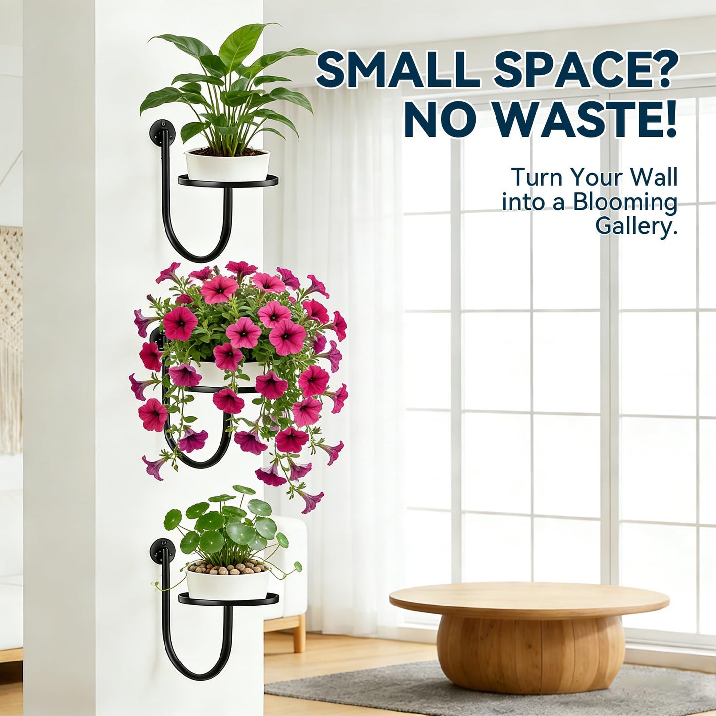 XNGZY Wall Planters for Indoor Plants, 3 Pack Wall Mounted Plant Holder, Metal Plant Floating Decor Shelves, Space Saving, for Bedroom, Living Room, Kitchen, Office, Bathroom Decor
