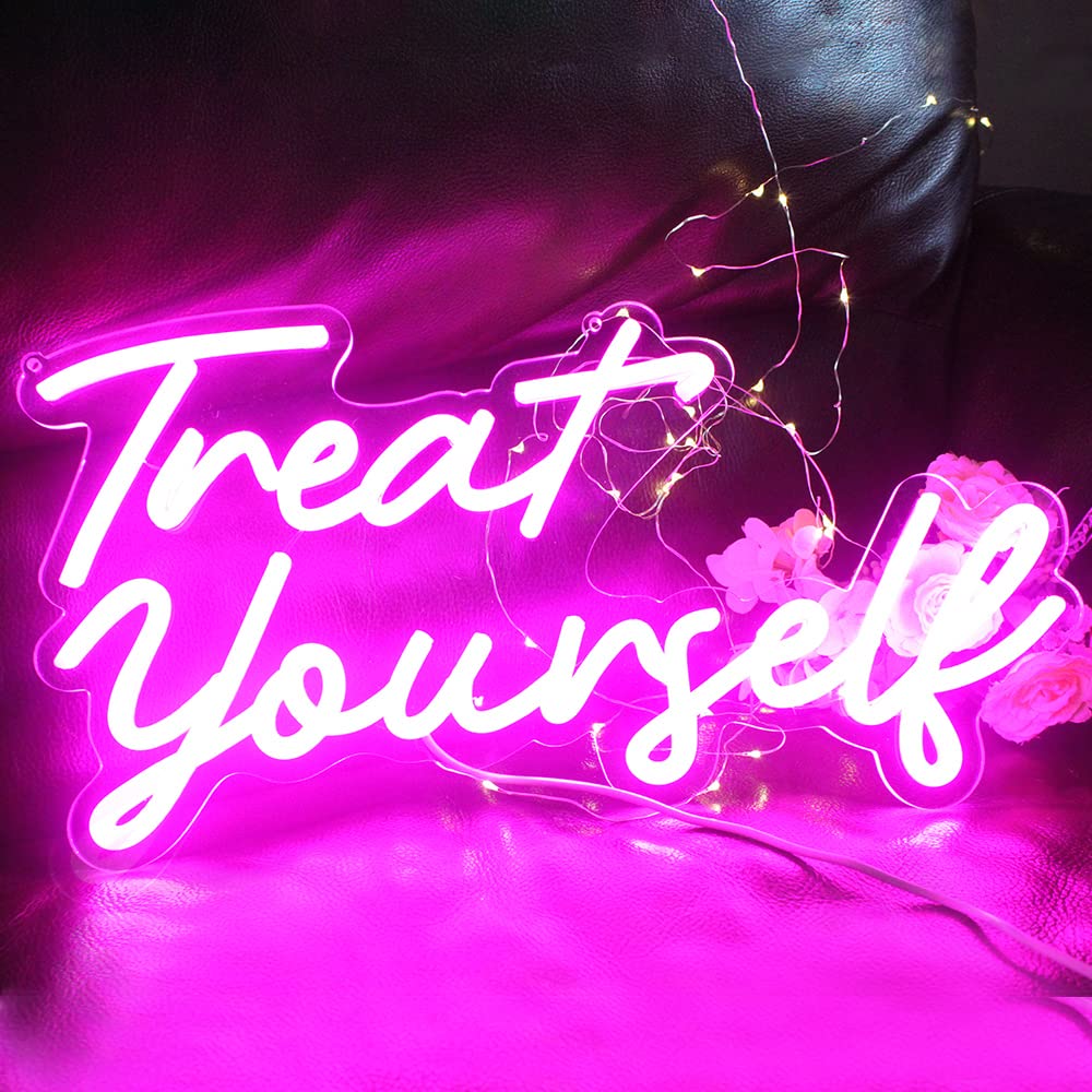 Treat Yourslef Neon Signs Pink LED Letter Neon Light Sign USB Power for Wall Decor Bedroom Wall Birthday Party Christmas Wedding Decoration(16.5 * 8.7)