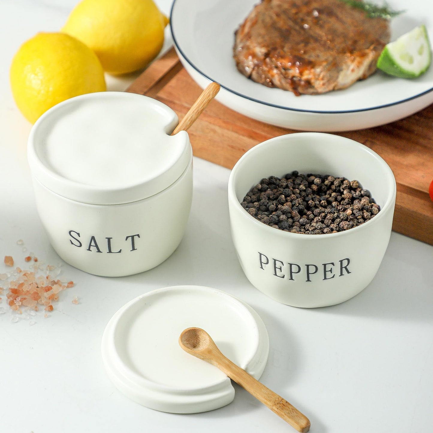 Howise 2 Pack Salt and Pepper Bowls Set, Ceramic Salt and Pepper Containers with Lid and Spoon, White Salt Pepper Holder Set, Salt Box Dish with Lid