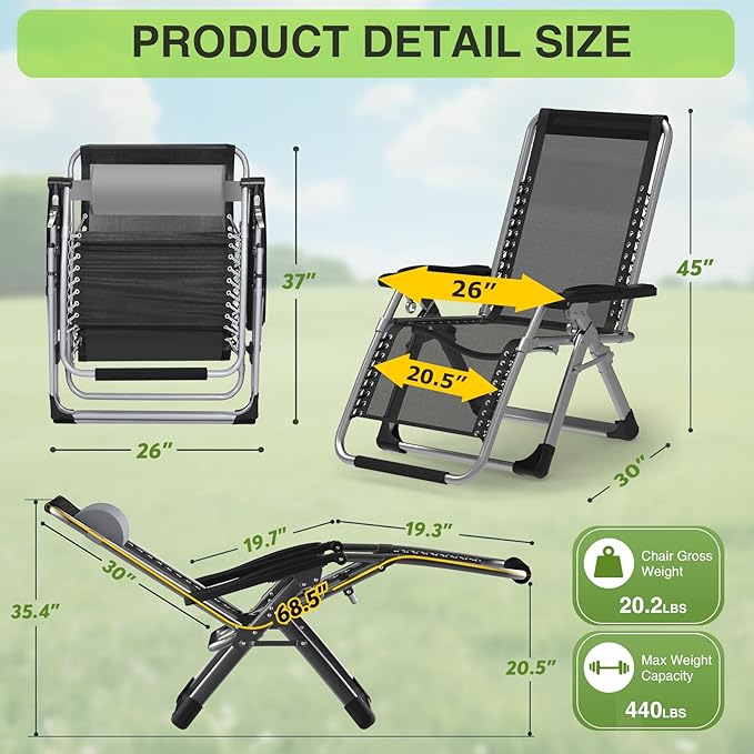 Suteck Zero Gravity Chair, Reclining Camping Lounge Chair w/Removable Cushion, Upgraded Lock and Cup Holder, Reclining Patio Chairs Folding Recliner for Indoor and Outdoor