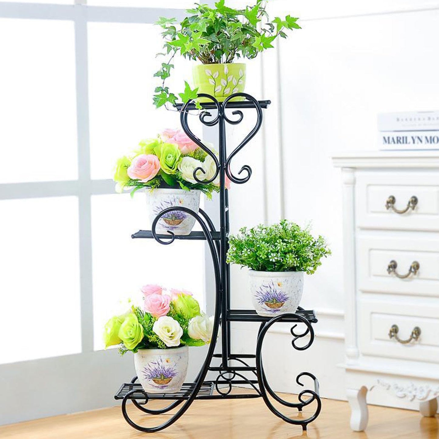 YEDECOR Plant Stand, Heavy Duty Metal Planter Holder Indoor Outdoor, 4 Tier Flower Pot Display Rack, Corner Plant Shelf for Garden Patio Living Room Flower Stand,Black