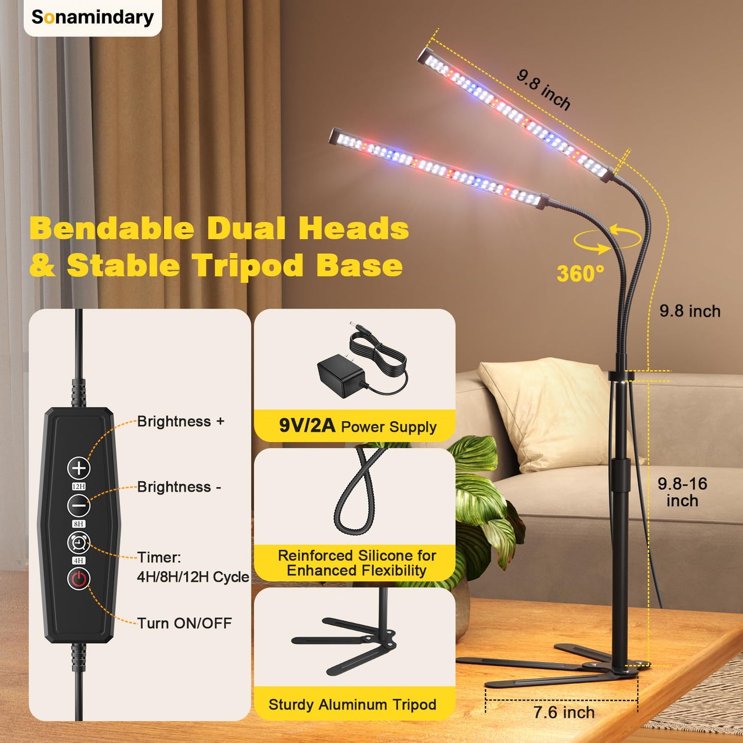 Sonamindary Grow Lights for Indoor Plants, Full Spectrum LED Plant Light with 9.8-35 in Tripod Stand, 120 LEDs 5700K, 4/8/12H Auto Timer, 5 Brightness Levels