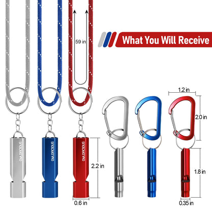 Owldacious Emergency Whistle Set, 120dB Loud Safety Whistles - 6 Pack Dual Size Aluminum Whistles, 3 Paracord Lanyards, 3 Carabiners for Personal Safety, Camping, Hiking, Survival, Marine Rescue