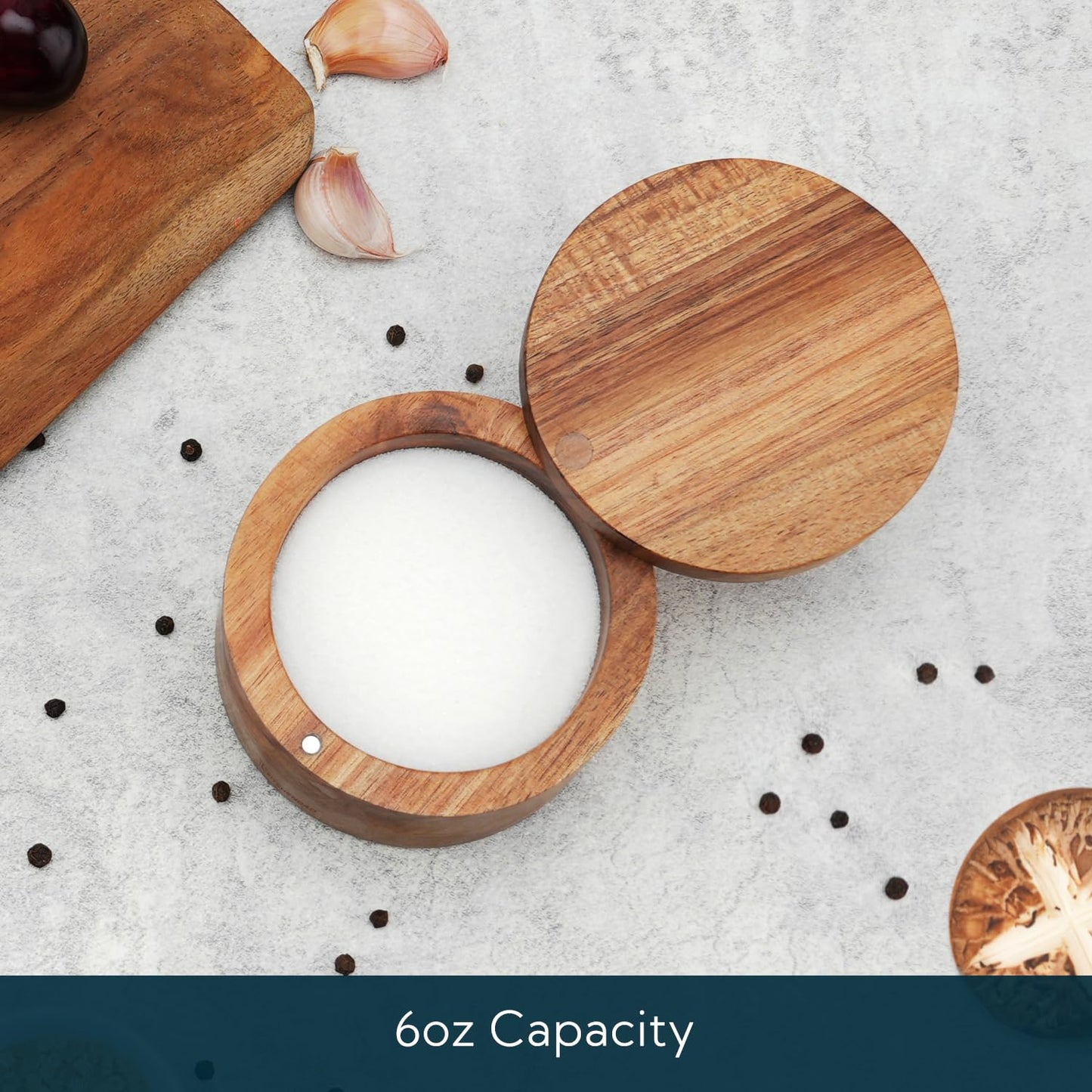 KITCHENDAO Acacia Wood Salt Cellar Bowl Box, Elegant Kitchen Holder Container with Swivel Magnetic Lid to Store Favorite Seasonings Pepper Spice or Bath, 6oz