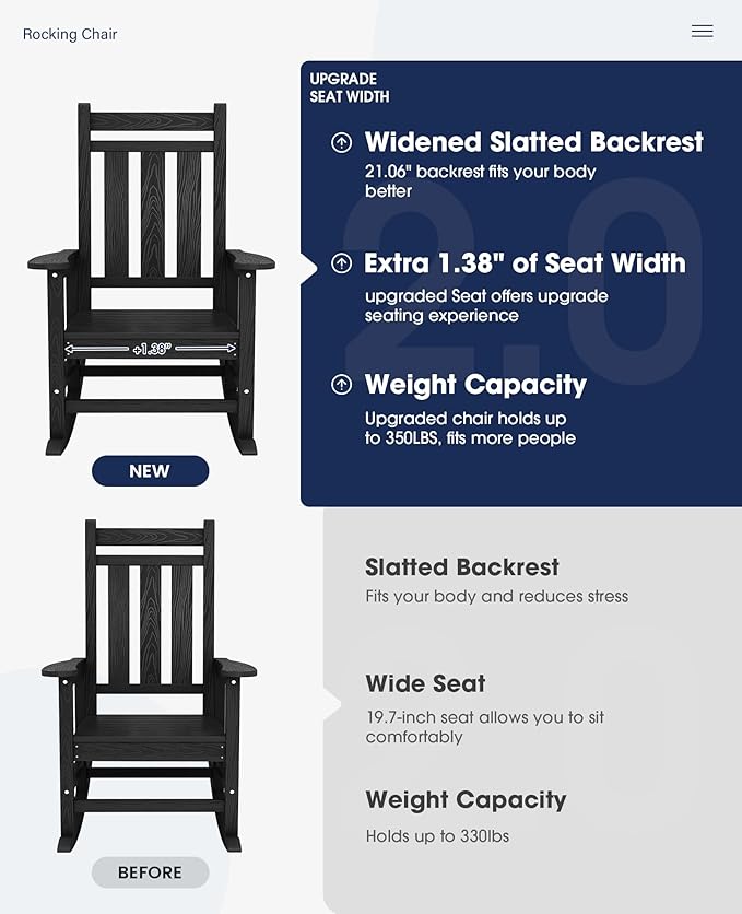 KINGYES Oversized Outdoor Rocking Chair, All-Weather Patio Rocking Chairs for Porch, HDPE Outdoor Patio Rockers with High Back & Wide Seat for Garden, Lawn, Black