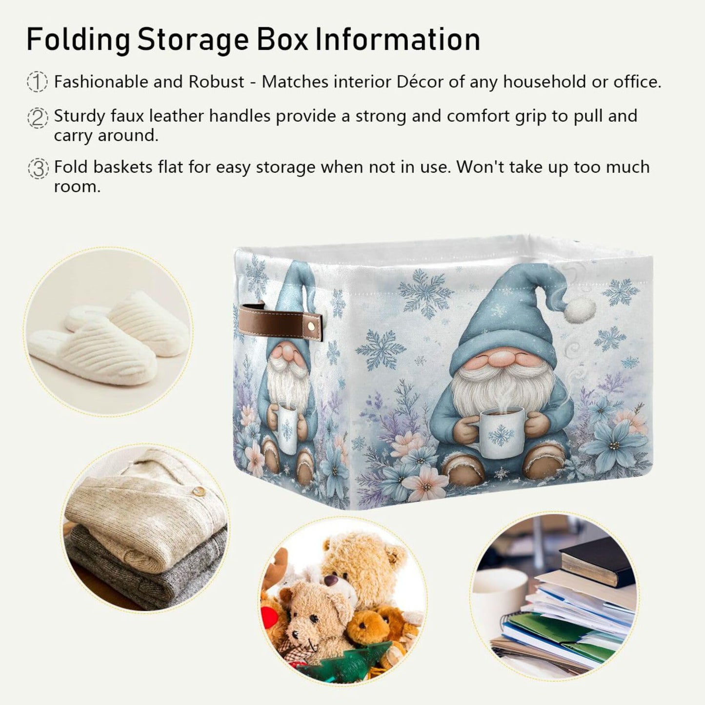Pfrewn Christmas Winter Storage Basket Cute Gnome White Snowflakes Flowers Collapsible Rectangular Storage Boxes Organizer Shelf Basket Toy Book Storage Bin for Nursery 1 Pack
