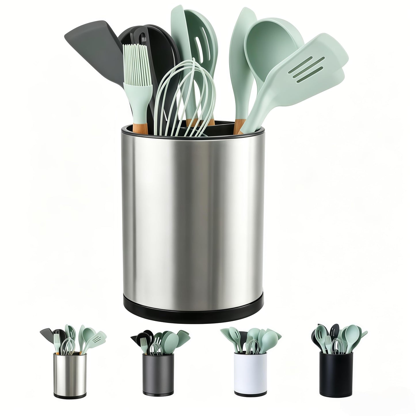 LIBODOUR Kitchen Utensil Holder Extra Large 360°Rotating For Counter Organizer Stainless Steel Storage Cooking Silverware Caddy 3 Compartment Flatware Spoon Spatula Tool Cutlery Container（Silvery）