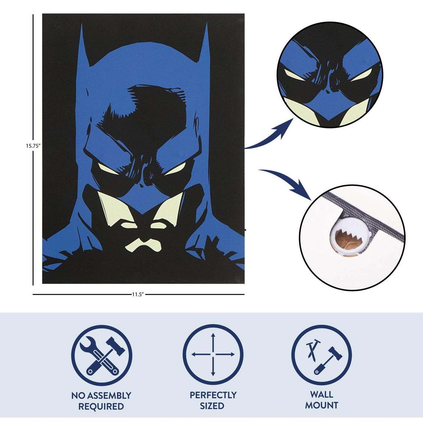 Idea Nuova Batman LED Wall Art,11.5"x15.75" Children's Hanging Décor, Light-Up Artwork for Kids' Rooms