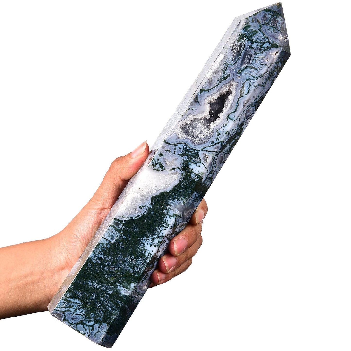 AMOYSTONE Extra Large Healing Crystal Obelisk Towers Moss Agate Point Wand Home Decor Reiki Healing 4.4-4.8LBS