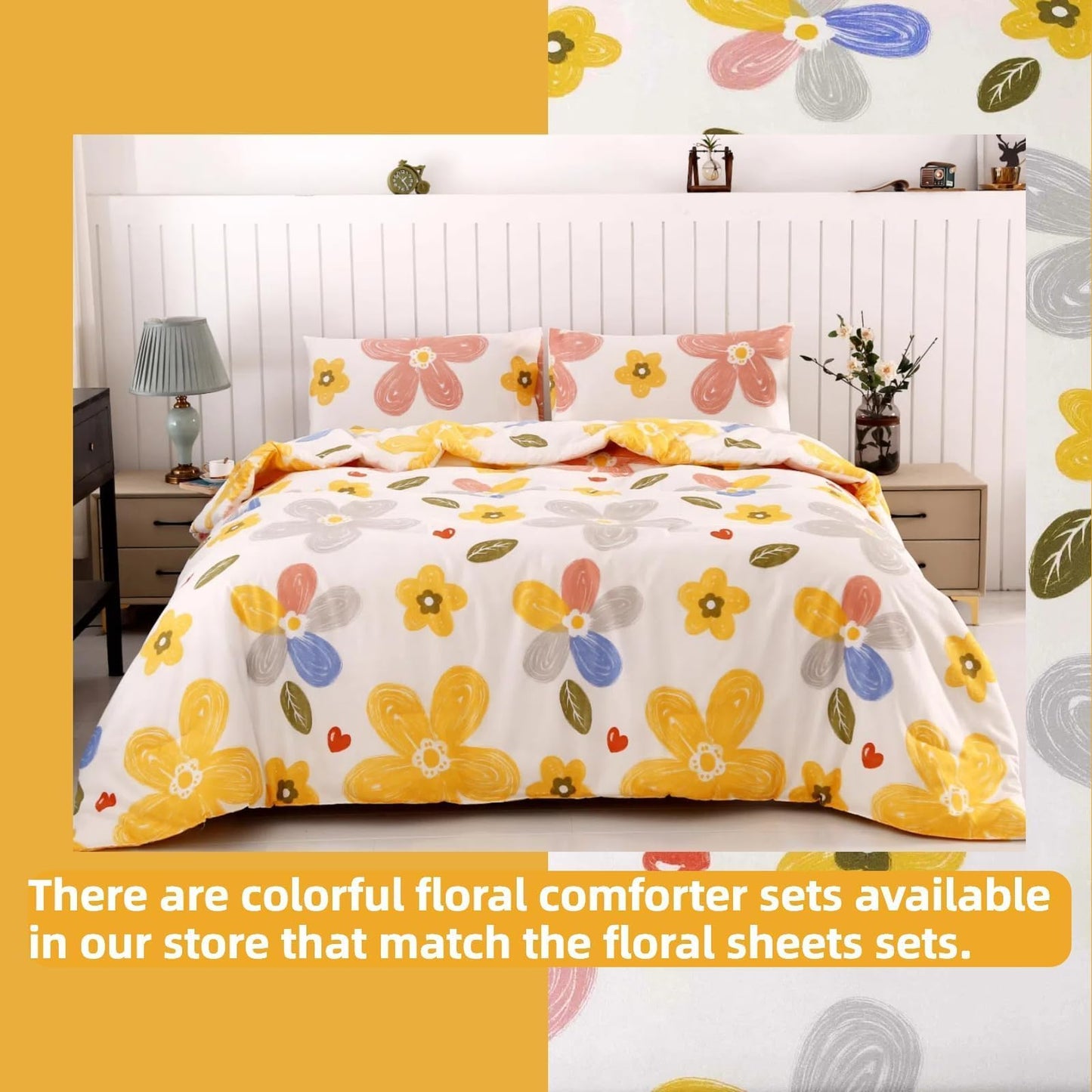 SDIII 4 Pieces Yellow Floral Twin Bed Sheet Set, Soft Microfiber Twin Sheets Flower Printed Deep Pocket, Floral Cozy Bedroom Decor All Season