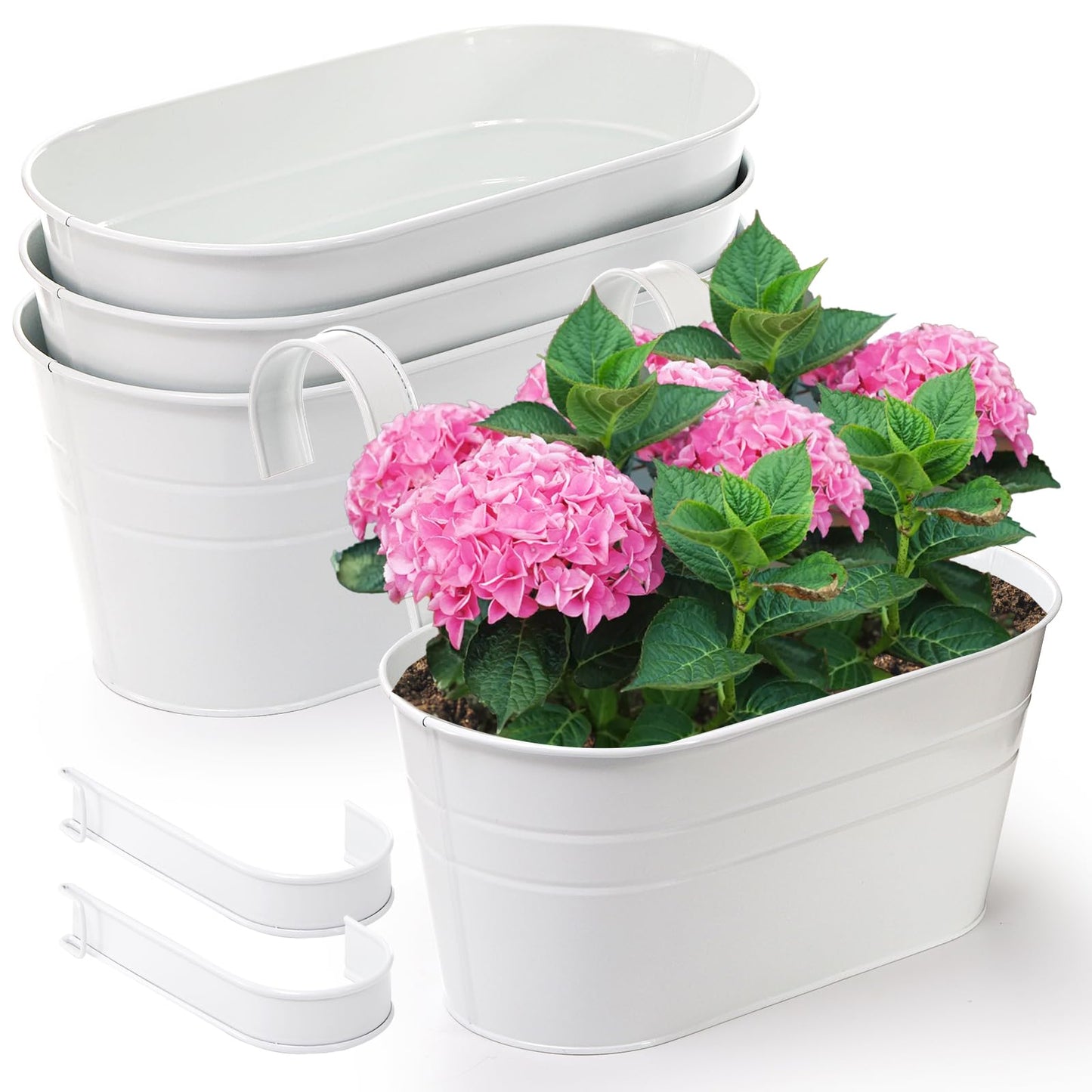 Foraineam 4 Pack Hanging Flower Pots, Metal Iron Plant Pot Holders, Large Fence Railing Balcony Garden Hanging Bucket Planters with Detachable Hooks for Indoor and Outdoor Decor