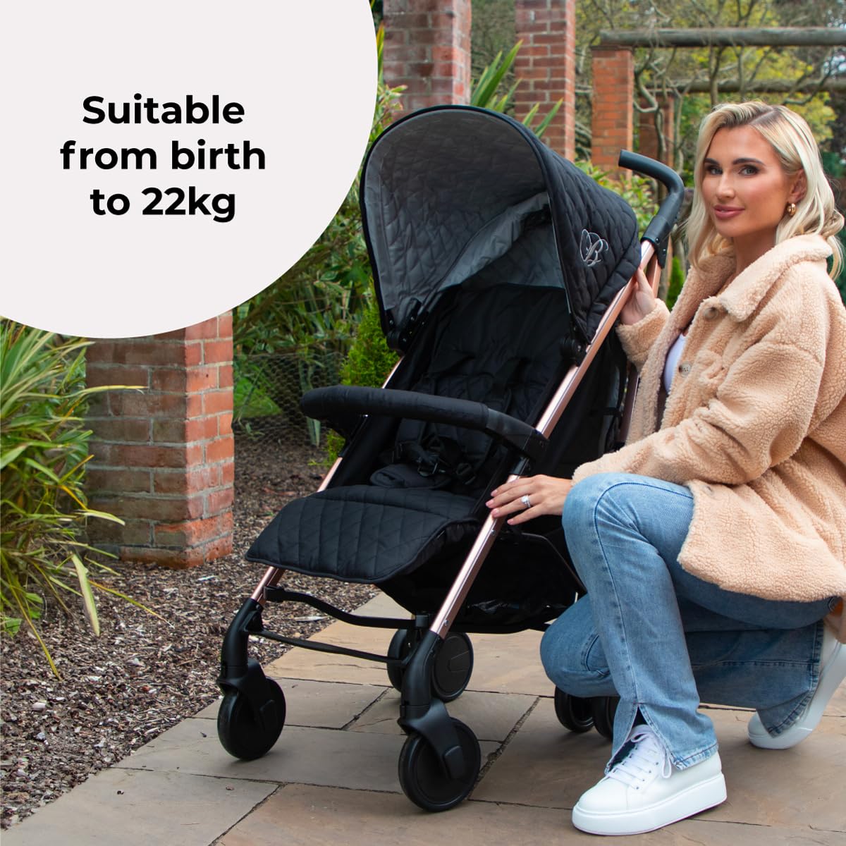My Babiie MB51 Stroller – from Birth to 4 Years (22kg), Lightweight, Umbrella Fold, Travel Buggy for Toddlers, Pushchair Includes Footmuff, Cup Holder, Rain Cover - Black Quilted