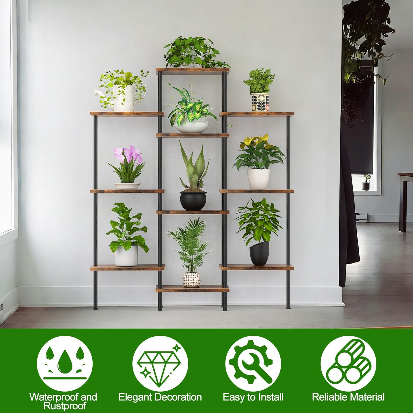KANEODOT 42" Tall Plant Stand,4-Tier Heavy Duty Plant Shelf,Small Plant Stand Indoor and Outdoor,Living Room,Balcony,Home Office,37''L x 7.8''W x 42''H,Rustic Brown