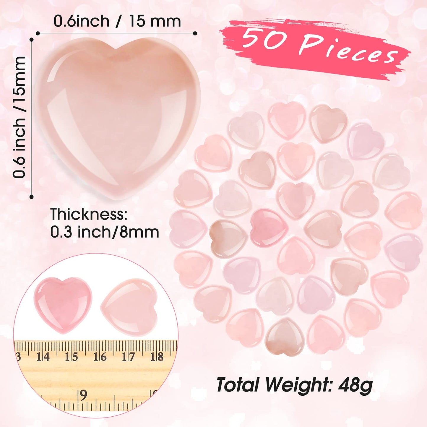 Fumete 50 Pcs Quartz Rose Heart Palm Stone Pieces Natural Healing Crystal 0.6 Inch Heart Shaped Pocket Gemstone Carved Palm Worry Stone
