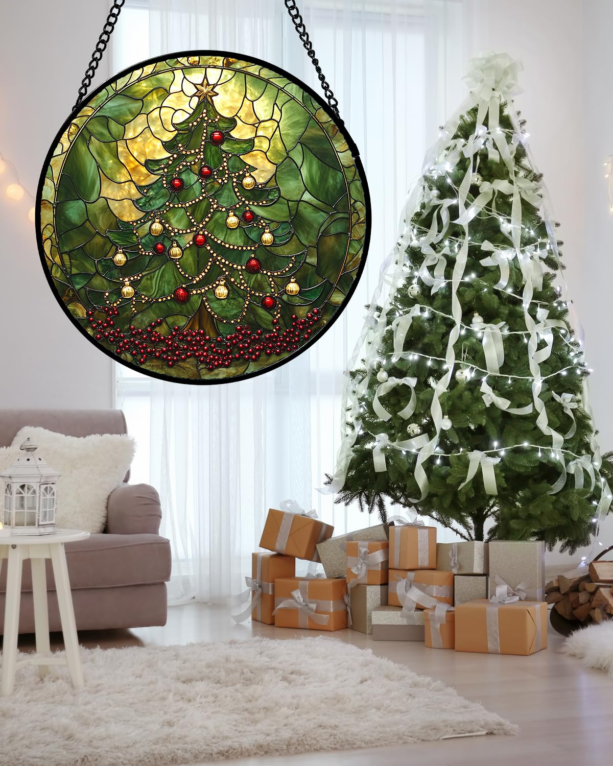 Stained Glass Window Hanging - Retro Green Christmas Tree Suncatcher for Doors Home Christmas Decoration Sun Catcher Thanksgiving New Year Birthday Gifts for Women Men Mom Nana 7.8 in