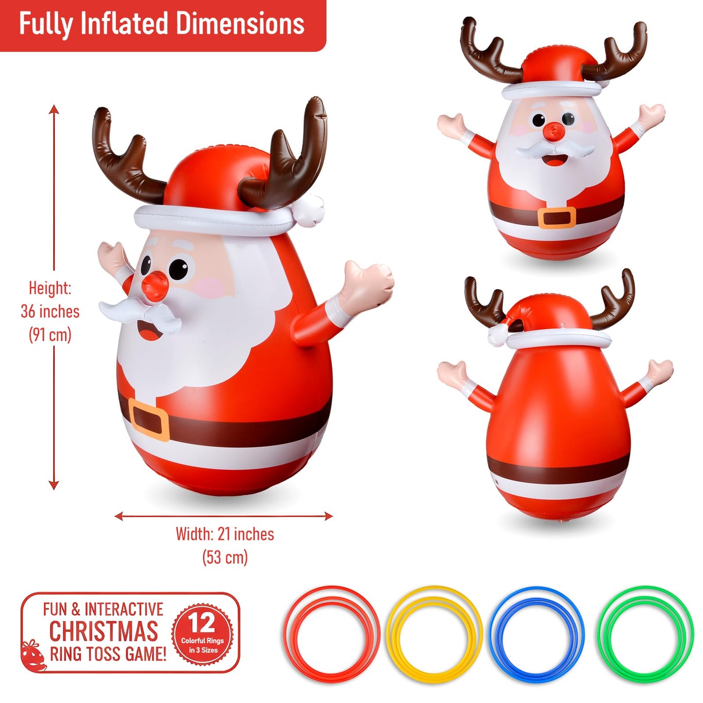 Inflatable Santa Reindeer Ring Toss Game with Wobbling Punching Bag, Christmas Party Game for Kids and Adults, Holiday Decoration