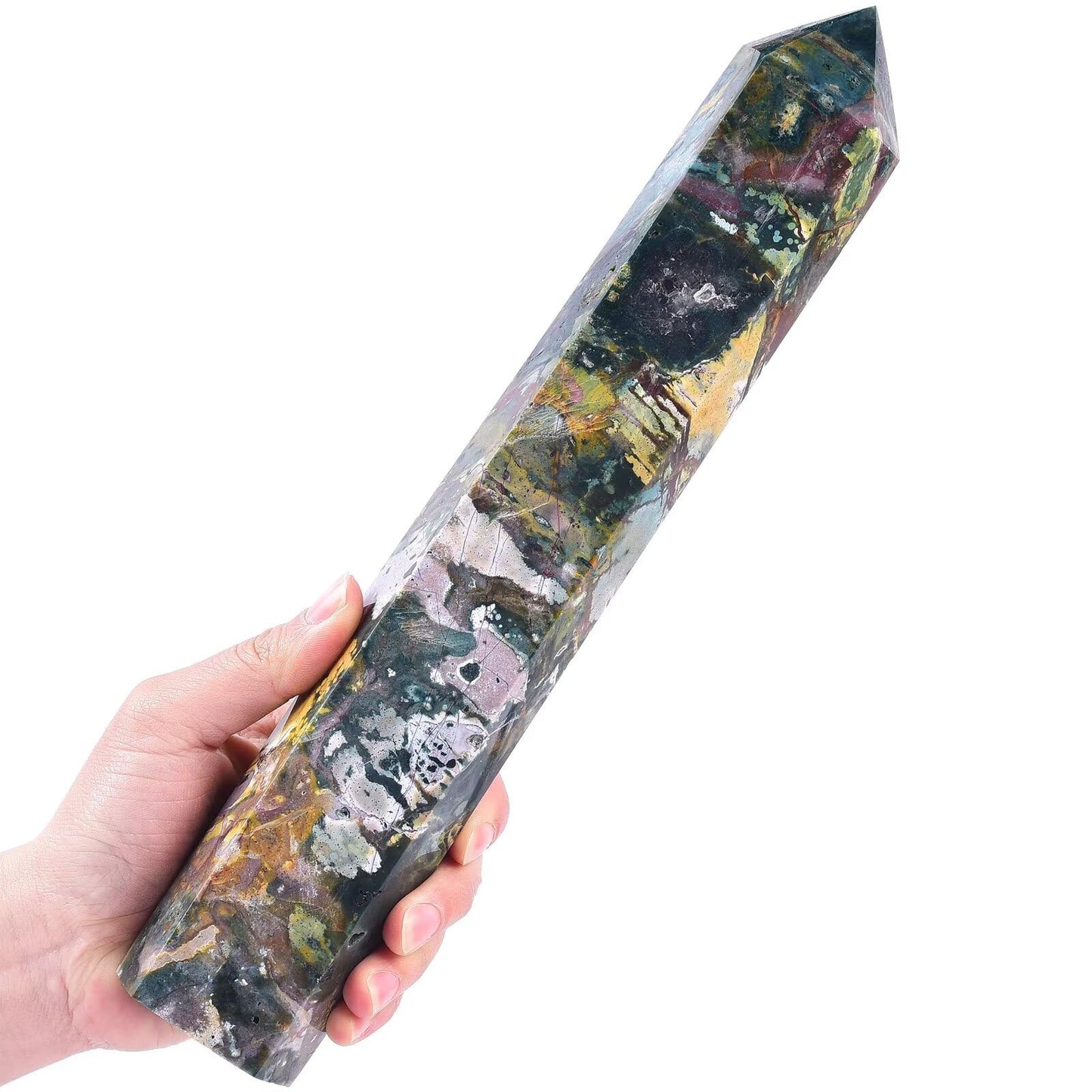 AMOYSTONE Large Ocean Jasper Stone Wand Healing Crystal Obelisk Tower 6 Faceted Column Reiki Chakra Meditation Therapy 2.2-2.6 LBS