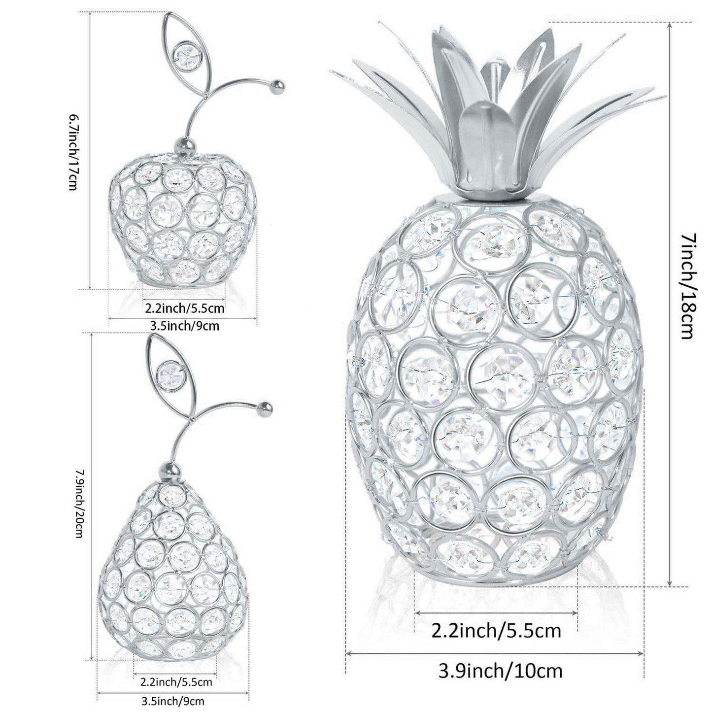 kehail Set of 3 Crystal Metal Pineapple Pear Table Centerpiece Handmade Crystal Candlestick Hollow Fruit Ornament Home Party Wedding Holiday Bar Decoration (Silver, Set of 3)