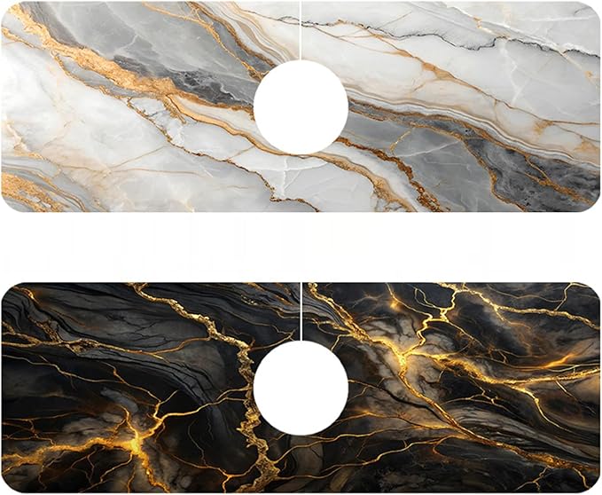 2 Pack Marble Texture Sink Splash Guard Faucet Mat Liquid Gold Marble Texture