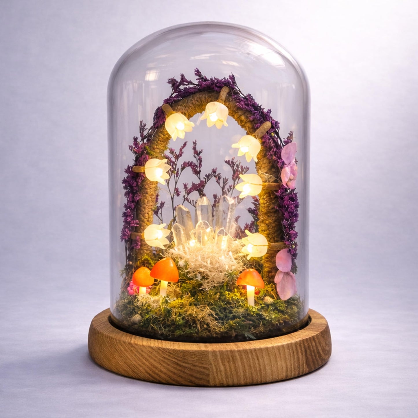Nordic Notch Mushroom Night Light Lamp - Handmade Glass Dome Fairy Light with Solid Wood Base, USB or Wireless, Cozy Aesthetic Bedside Table Decor, Unique Gift | Purple Rain
