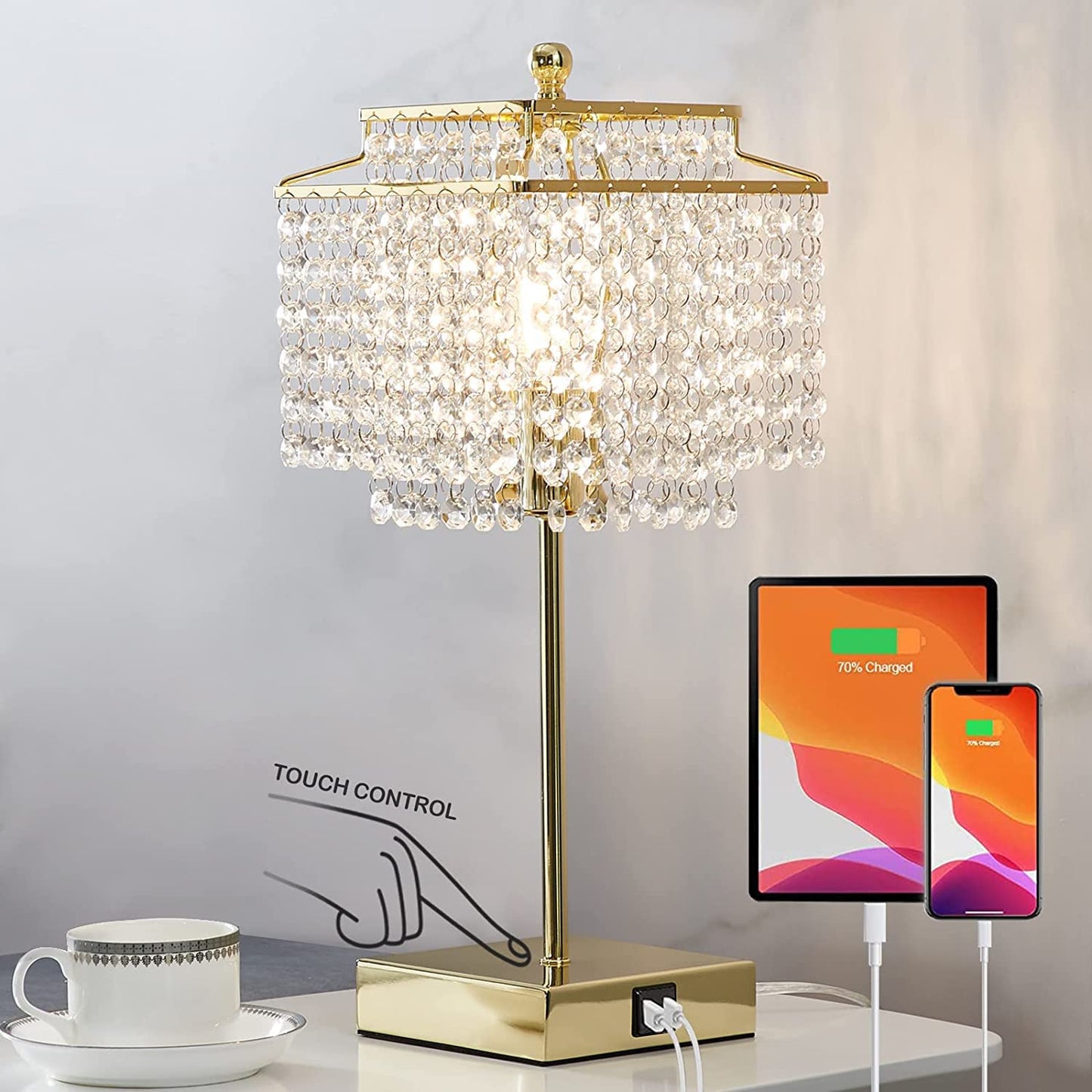 Luvkczc Crystal Touch Table Lamp, Bedside Lamps with with USB C+A Ports, Gold Bedroom Lamp, Dimmable Lamp with Crystal Shade, Nightstand Lamps for Bedroom, Living Room, Bulb Included