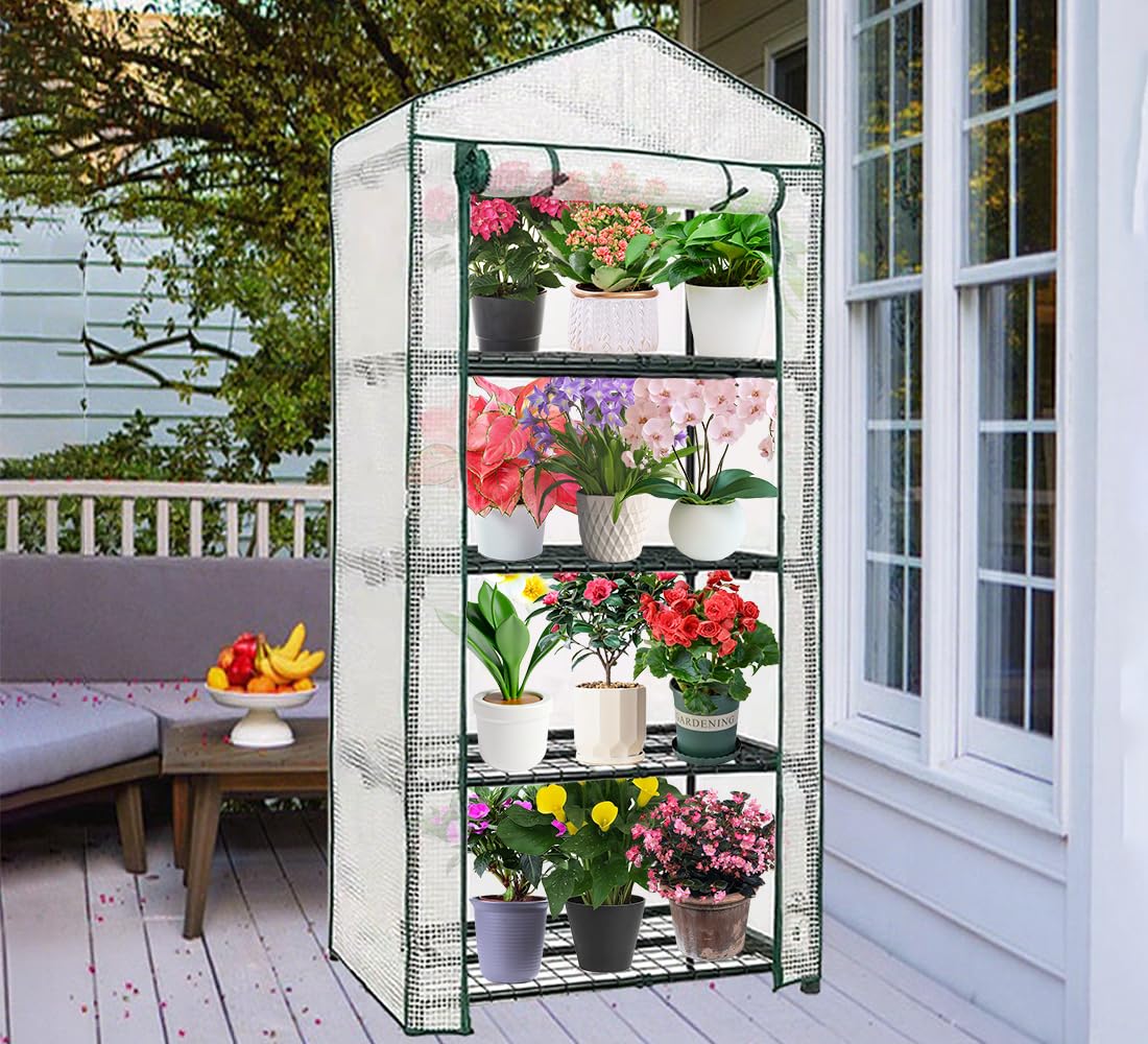 4-Tier Mini Greenhouse, Green House for Flower Indoor Outdoor, Portable Plant Outdoor Cage with Heavy Duty PVC Clear Cover & Steel Frame,Greenhouse for Seed Starting, Mushroom,Vegetables