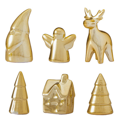 WDS WONDROUS Mini Christmas Figurines Set, 6 Pcs Miniature Christmas Village Houses Set with House, Reindeer, Trees, Angel, Santa - Mini Xmas Figurines Decor for Tiered Tray, Mantel, Centerpiece