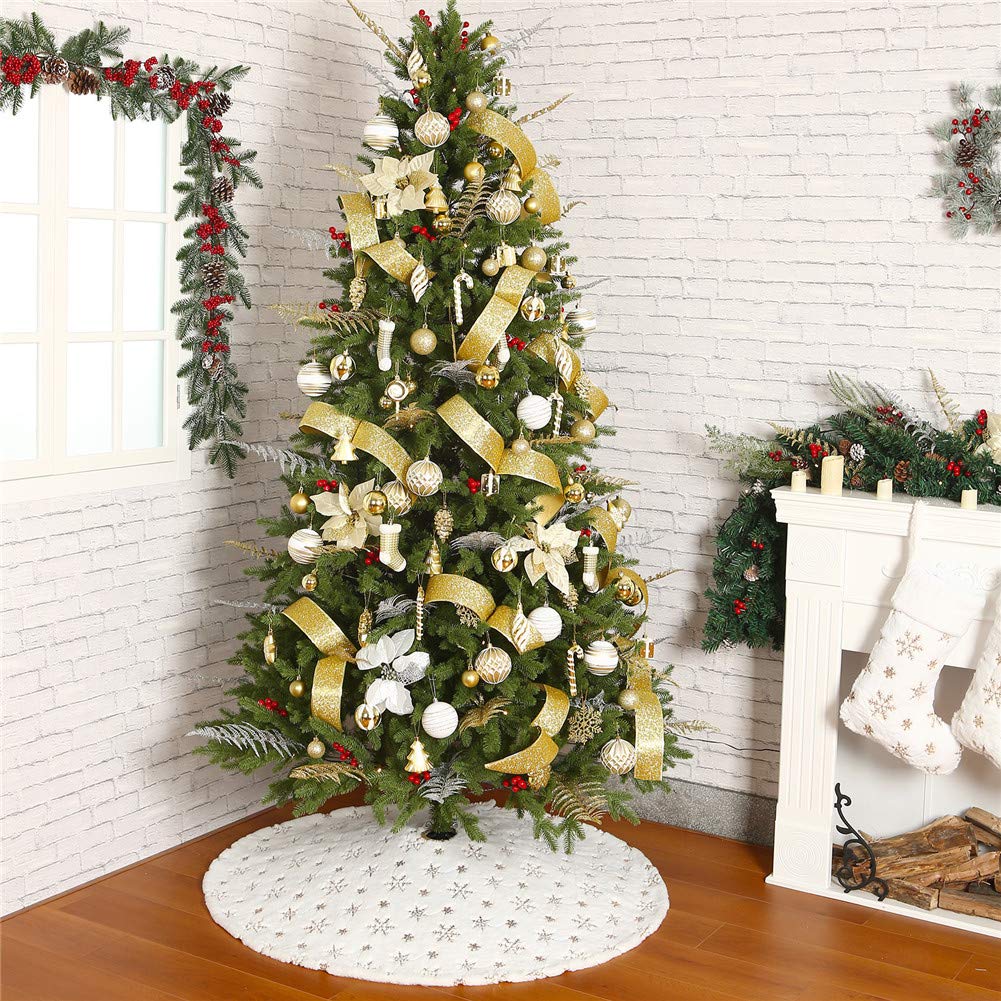Sattiyrch Christmas Sequin Tree Skirt 36in,White Soft Thick with Golden Snowflakes Decorations for 5FT 6FT 7FT Xmas Tree
