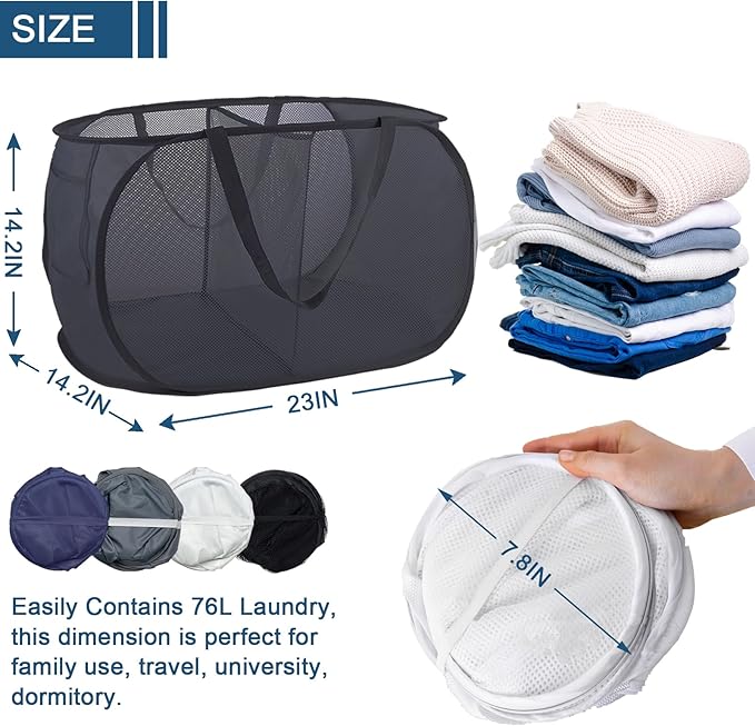 4 Pack Collapsible Laundry Baskets Dual Compartment, Mesh Pop Up Hamper
