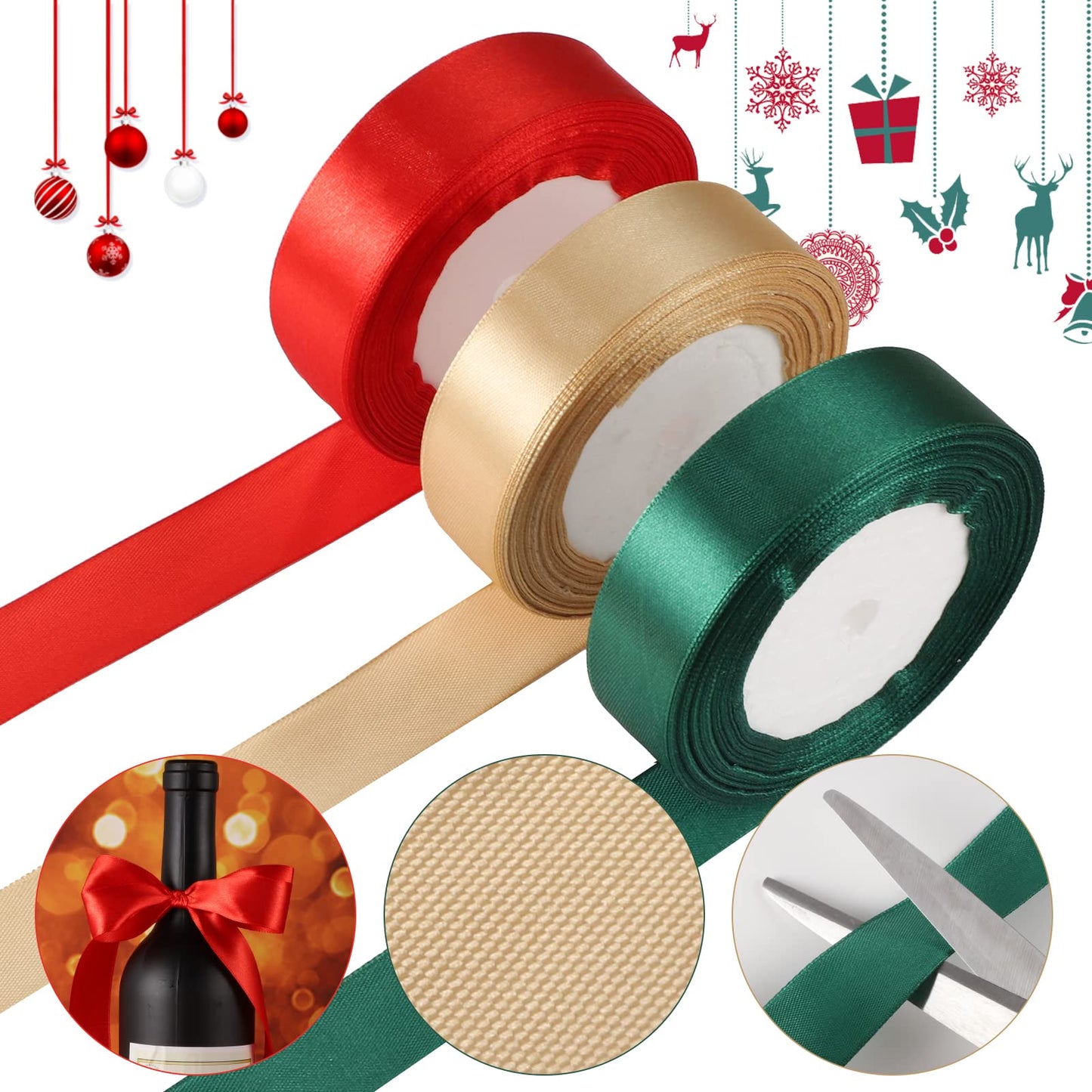 3 Rolls 75 Yard Christmas Satin Ribbon, 1 Inch Wide Gift Wrapping Ribbon Double Faced Polyester Ribbon Rolls Solid Satin Ribbon for Christmas Wedding Party DIY Craft Making (Red, Green, Gold)
