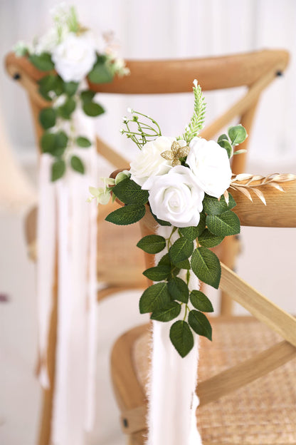 DreamBuilt Wedding Aisle Decorations for Wedding Ceremony Set of 10 Pew Flowers for Church Chair Decorations Party Decor with Artificial Flowers Eucalyptus and Ribbons White