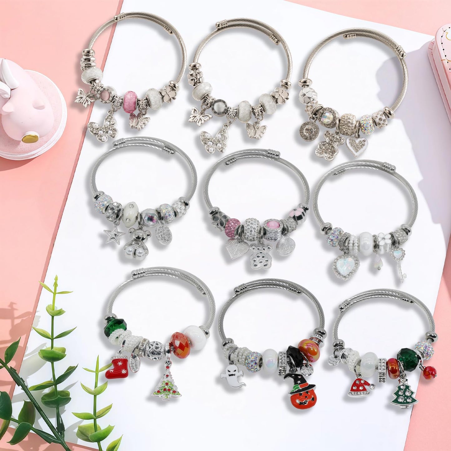 IUULOB Silver Women Bracelets - Adjustable Charm Bracelets for Women Birthday Gifts Favors Titanium Steel Bracelet Bundle Jewelry Kit (G: Christmas Hat - Christmas Tree)