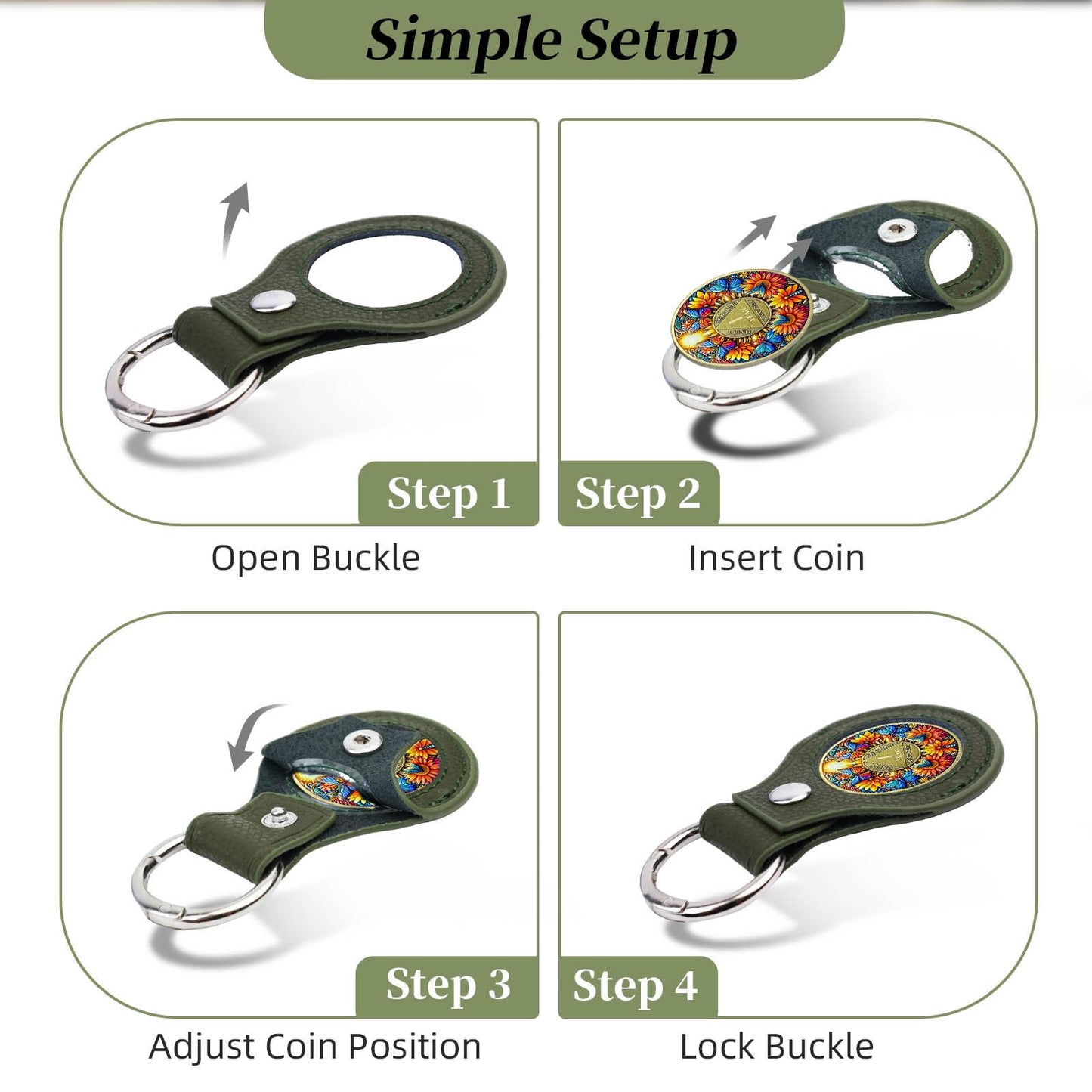 IELCJJ 5PCS Premium Leather Coin Holder - Handmade Sobriety AA Coins Chip Keychain - Displays Both Sides of Sober Token Medallion Pet Challenge Coin - Green Waterproof Scratchproof Soft PVC Key Ring
