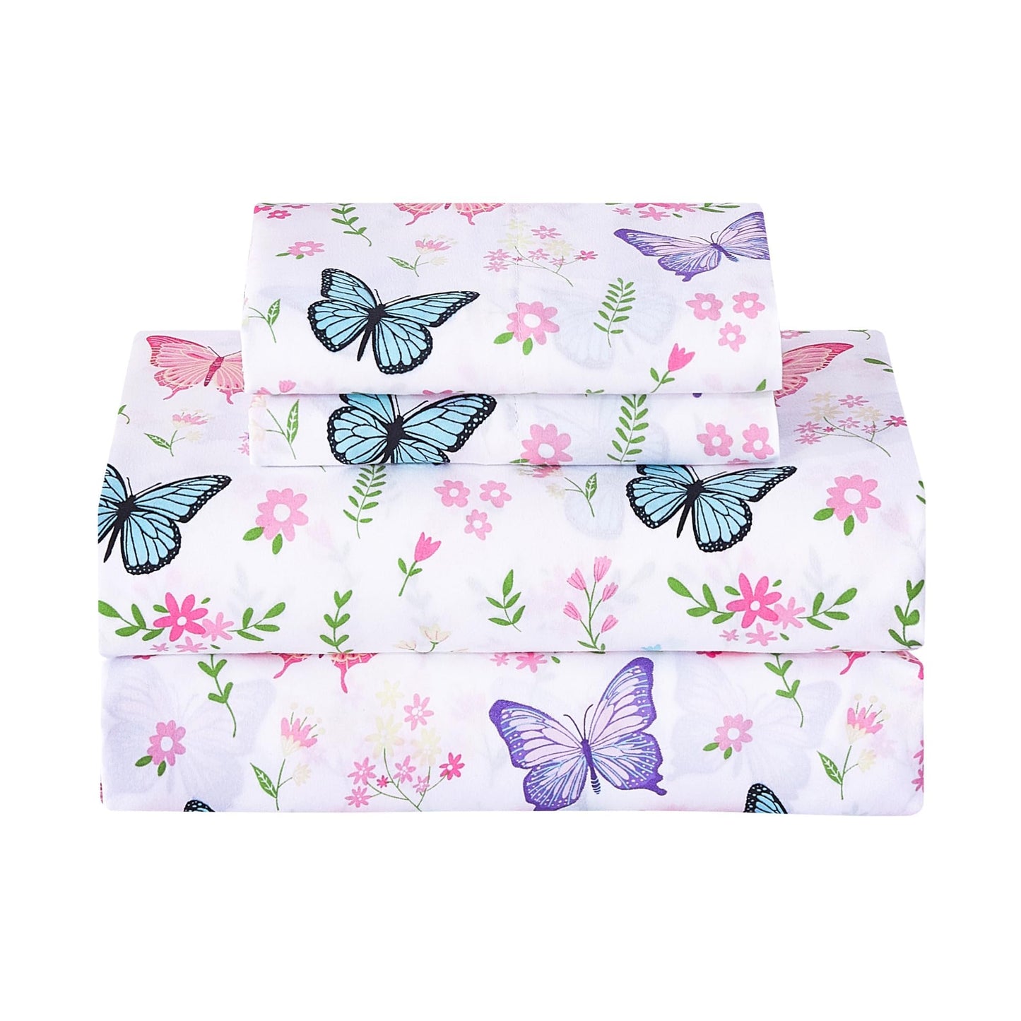Softan Kids Bed Sheet Set, 4-Piece Full Size Sheets, Microfiber Fitted Sheet with Corner Straps, Breathable & Silky Soft Butterfly Flower Printed Sheet and Pillowcase Sets