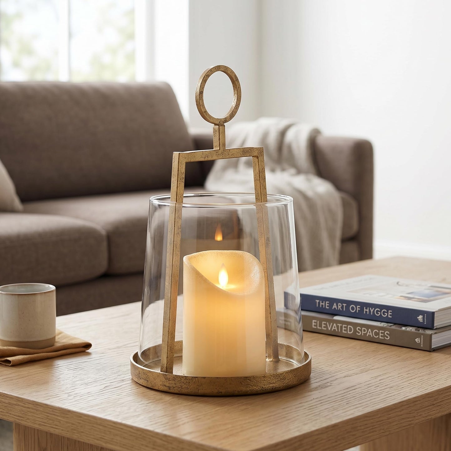 Modern Farmhouse Hurricane Candle Holder, Antique Brass Metal Centerpiece with Sturdy Glass Sleeve, Tabletop Geometric Lantern for Pillar Candles, Plants & Home Decor (6" x 10")