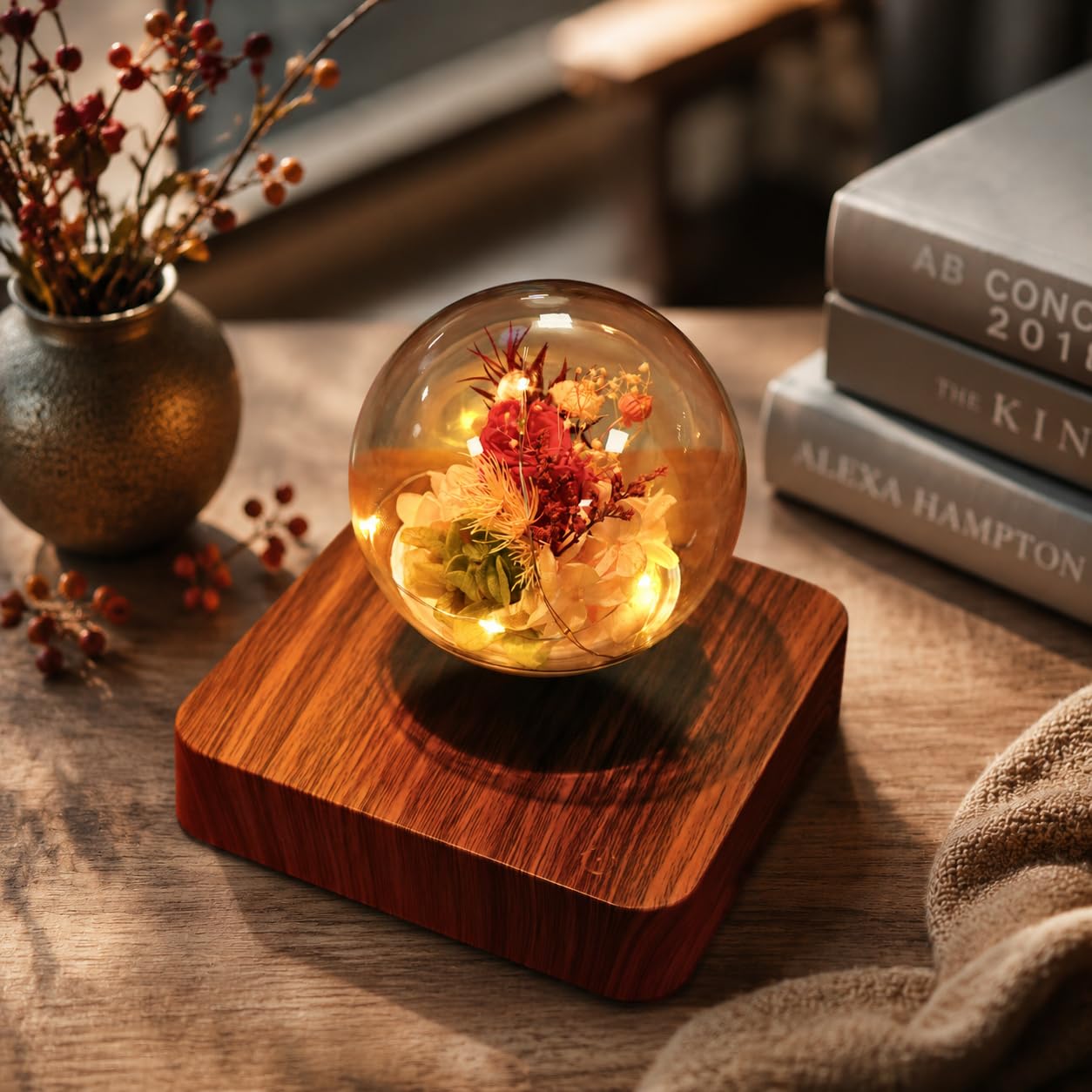MAGECMOON Magnetic Levitation Preserved Flower, Forever Real Eternal Roses, Floating Lamp Levitating LED Light Bulb, Gifts for Kids Lover Friends (Dark Brown Base, 5.5"*5.5" (Plastic))