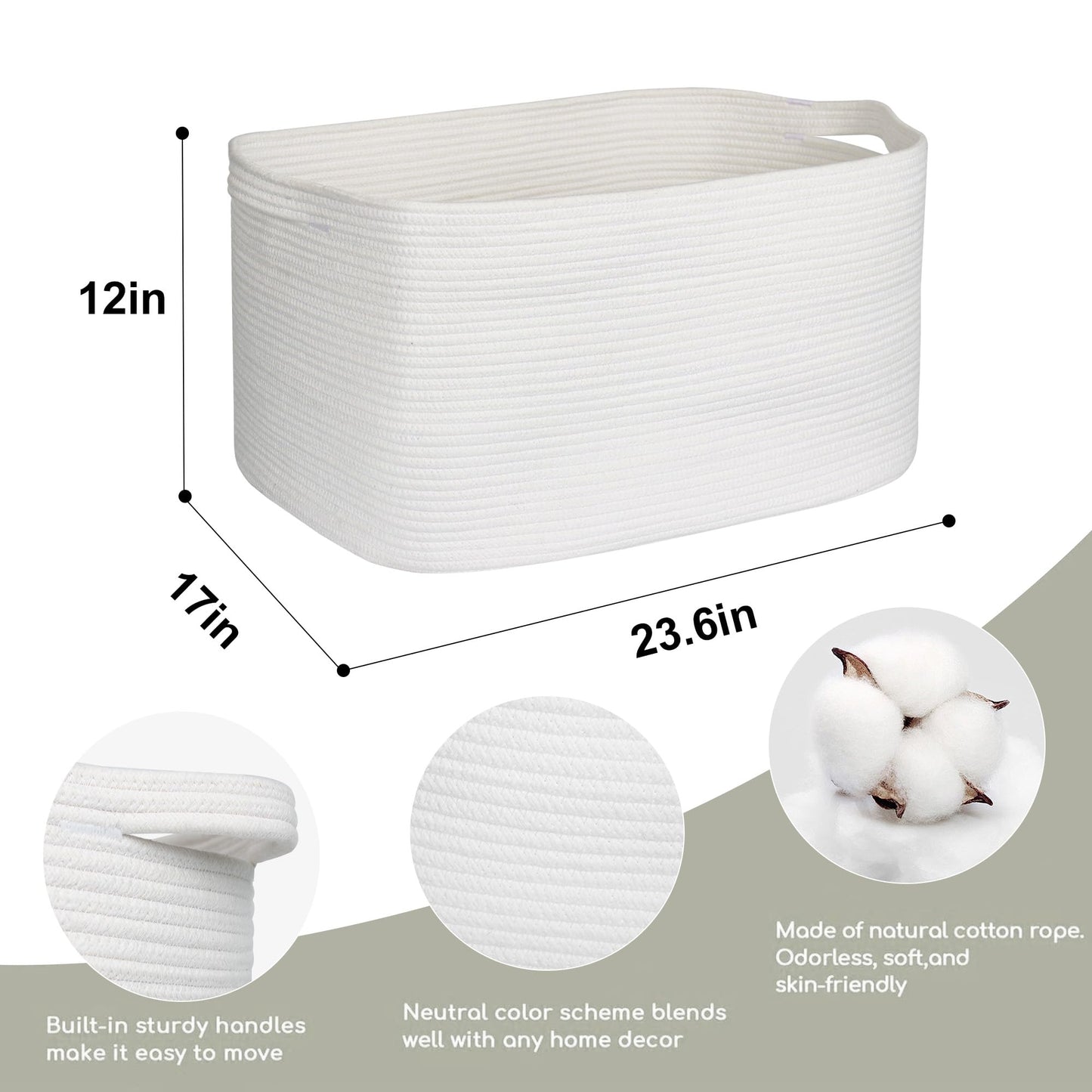 MEGASKET Extra Large White Storage Basket, 23.6" x 17" x 12" Rectangle Blanket Storage for Living Room, White Woven Cotton Rope Basket, Big Kids Toy Box Bin, XXXL Wicker Laundry Baskets for Organizing