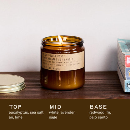 P.F. Candle Co. Golden Coast Classic Large Concentrated Scented Soy Wax Candle (12.5 oz) 60-70 Hour Burn Time, Amber Glass Jar, Made in the U.S.A.