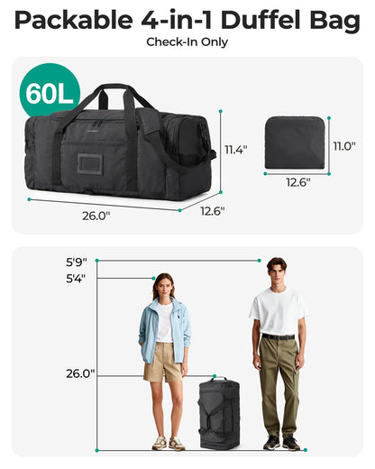 BAGSAMRT 60L Foldable Duffle Bag for Travel, Large Travel Duffel Bag for Men, 4 in 1 Travel Backpack, Carry on Weekender Bag, Black