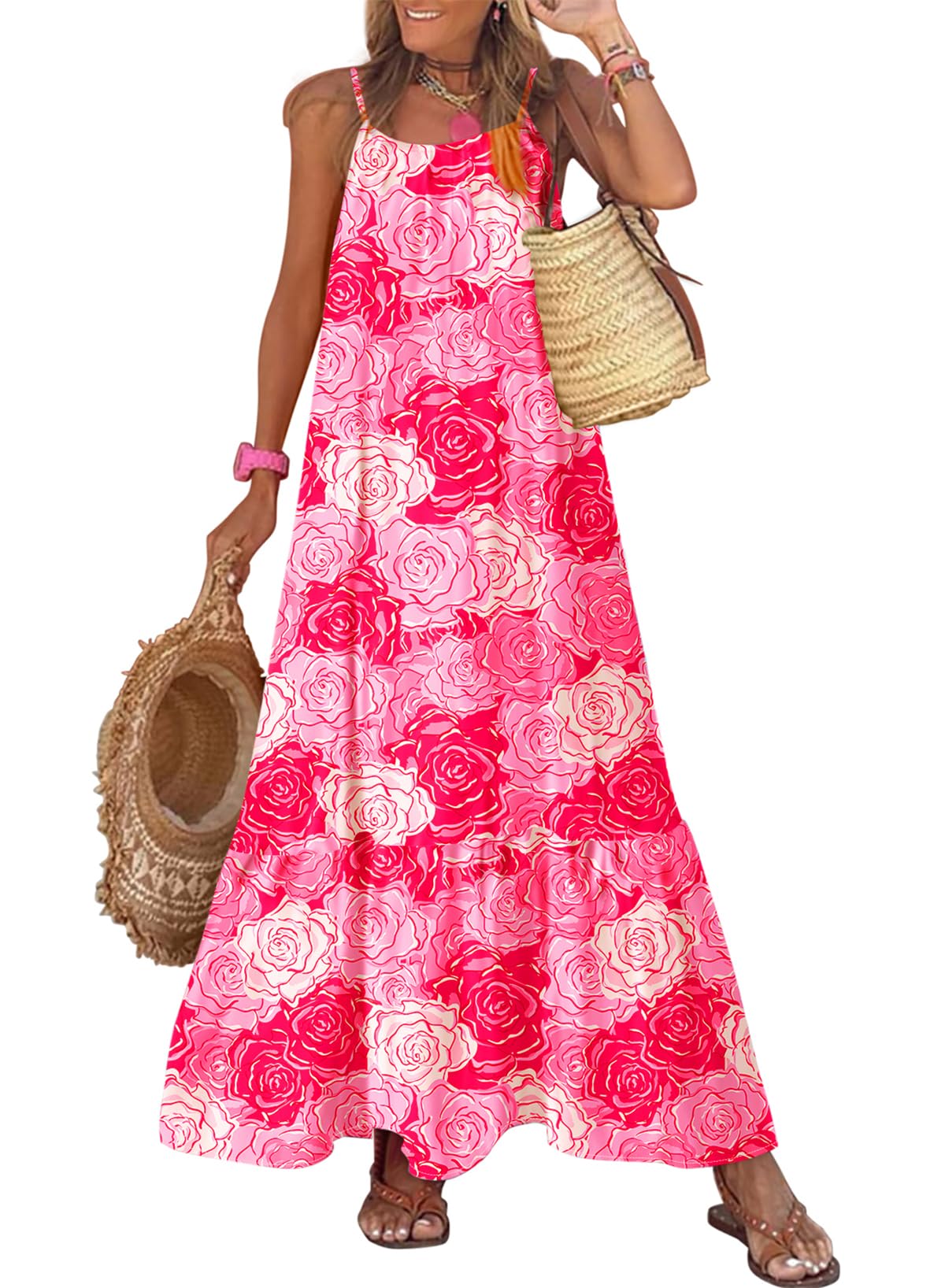 Dokotoo Women Summer Dresses 2025 Spaghetti Strap Scoop Neck Smocked Ruffle Flowy Boho Maxi Dress