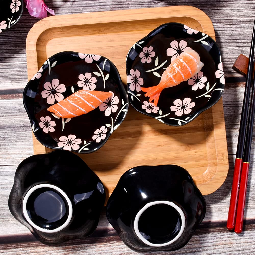 Whitenesser Japanese Black Sakura Soy Sauce Dish for Sushi, Porcelain Dipping Bowls Sauce Cups Set of 6