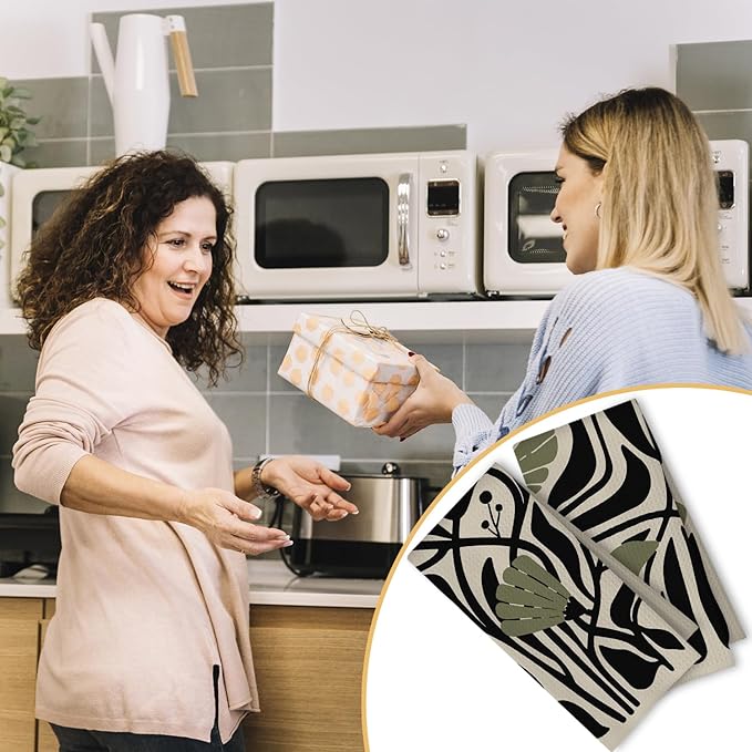 Abstract Dark sage Green and Black Boho Floral Kitchen Towels Set of 2