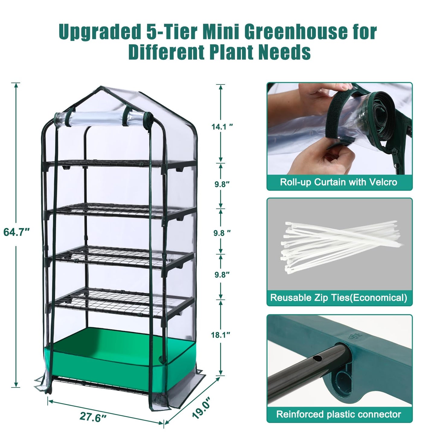 5 Tier Mini Greenhouse with Wheels for Indoor Outdoor, Portable Green House with PVC Cover and Shelves for Seedling, Greenhouse with Waterproof Mat and Cover Tape, Gardening Gifts for Women Men
