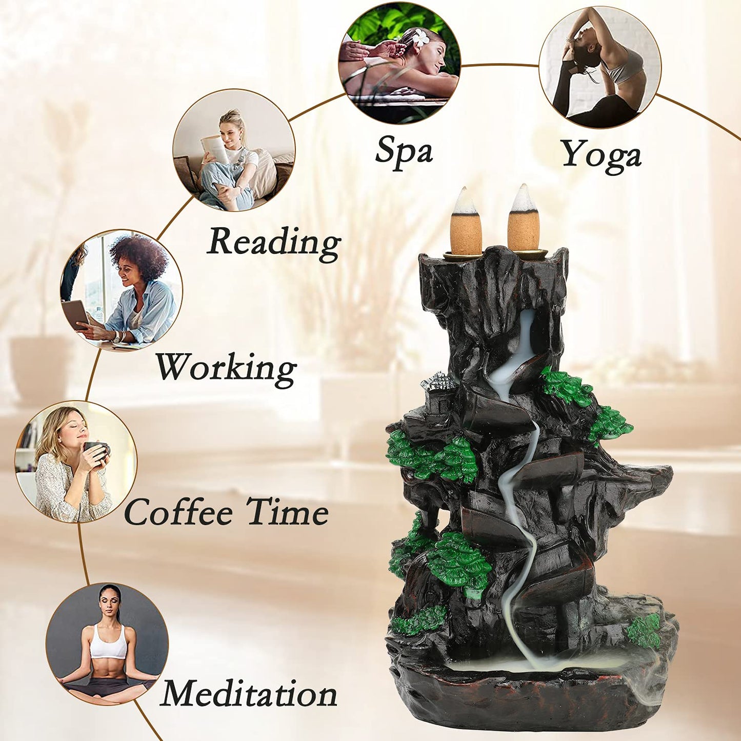 Jueison Dual Sided Mountain Backflow Incense Burner Resin Waterfall Incense Holders Cone Stick Holder with 120 Incense Cones + 30 Incense Sticks + 1 Mat + 1 Tweezers for Home Office Decor Gift