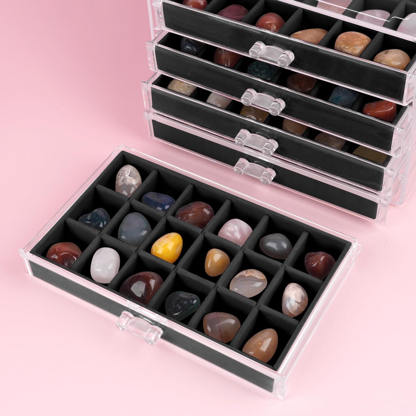 Rock Display Case, Rock Collection Box, 90 Grid Crystal Collection Display Case,Gemstone Display Shelf, Acrylic Clear Displays Cases Organizer for Gemstone Fossil Stone