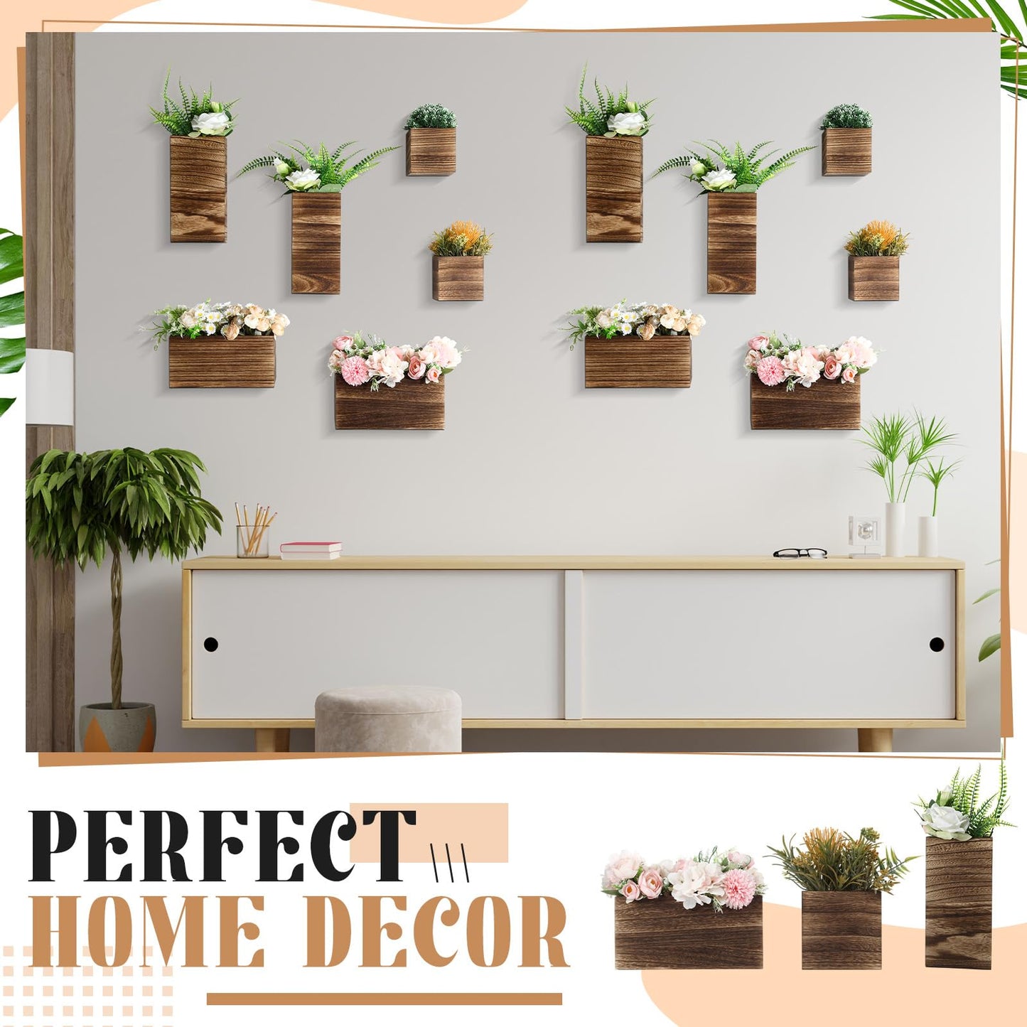 Ziliny 6 Pack Rustic Wood Wall Planters Hanging Wall Planters Pocket Vases Hanging Decor Vase for Plants Dried Flowers Faux Greenery Plants Indoor Living Room Bedroom Farmhouse Home Decor(5 Sizes)