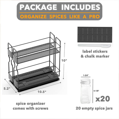 SpaceAid Pull Out Spice Rack Organizer for Cabinet, Heavy Duty Slide Out Seasoning Kitchen Organizer, Cabinet Organizer, with Labels, 5.2" W x10.75 D x10 H, 2 Drawers 2-Tier